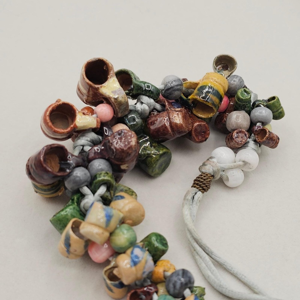 Vintage Folk Art Pottery Mug Bead Necklace Ceramic Tankard Bib Statement Boho - Picture 12 of 14